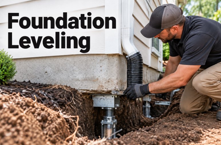 Technician working on foundation support equipment along a home’s exterior wall