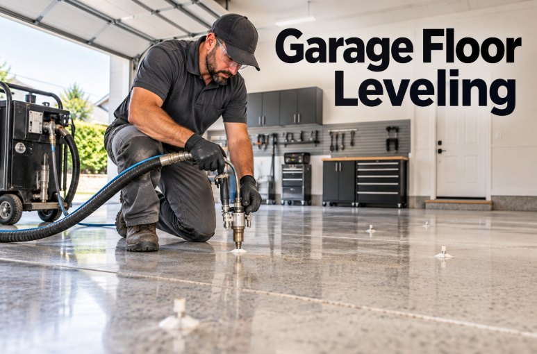 Technician injecting leveling material into a garage floor slab