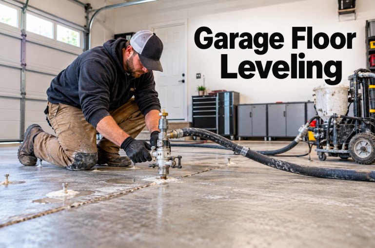 Technician lifting a sunken section of a garage floor with injection equipment