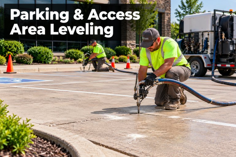 Crew injecting leveling material into a commercial parking lot slab