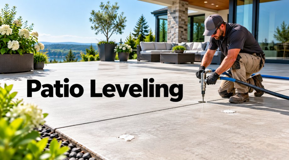 Technician lifting a sunken patio slab next to patio furniture