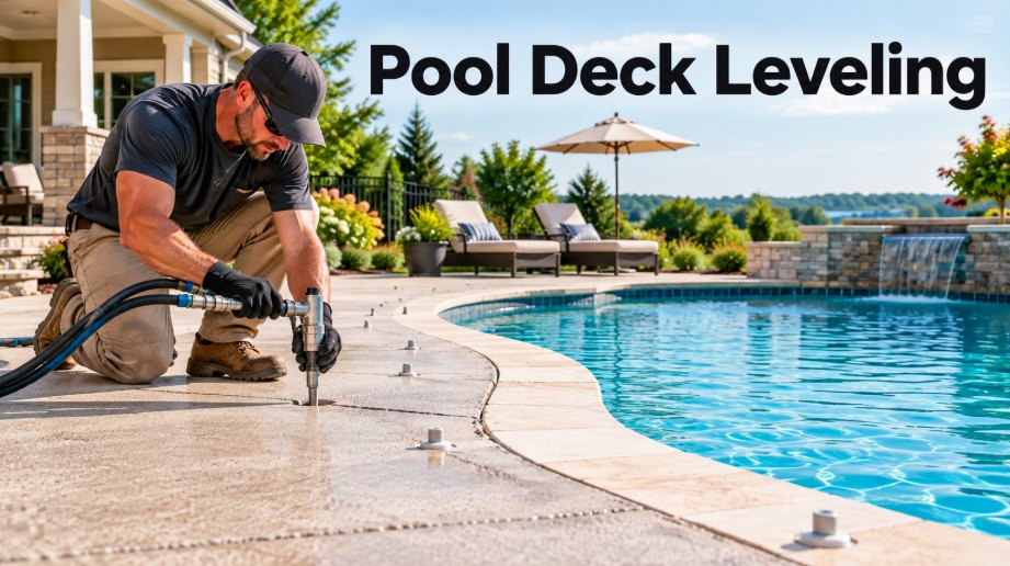 Technicians leveling a concrete pool deck beside a backyard pool