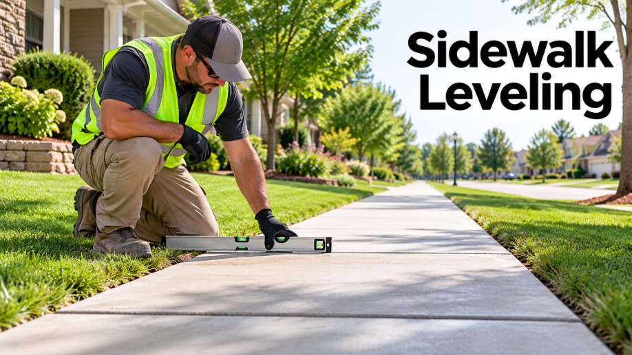 Technician lifting a sunken sidewalk slab to remove a trip edge