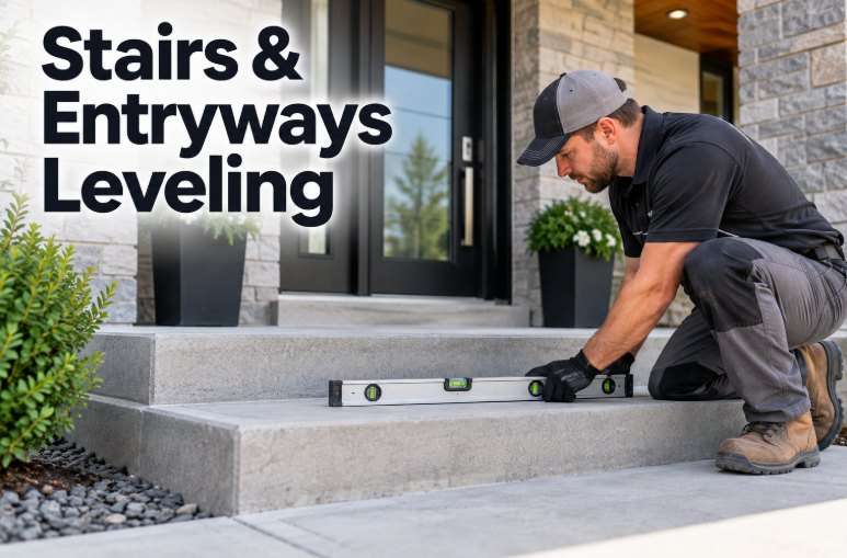 Technician injecting leveling material into concrete entry steps