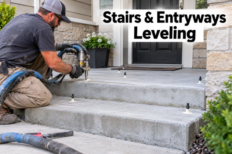 Technician checking concrete entry steps with a level